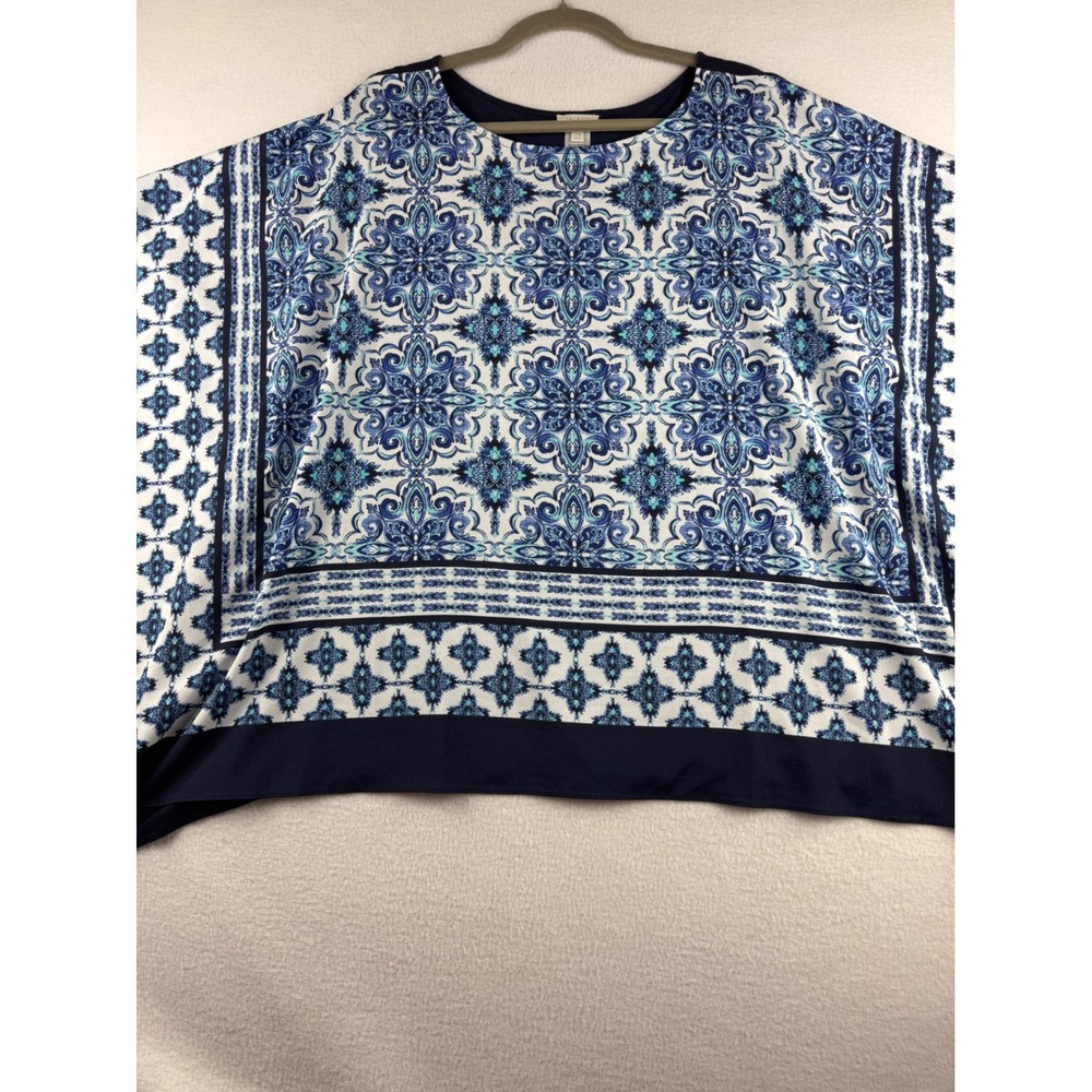 Talbots Blue Medallion Print Mixed‎ Media Dolman Top Womens SM SM Navy White